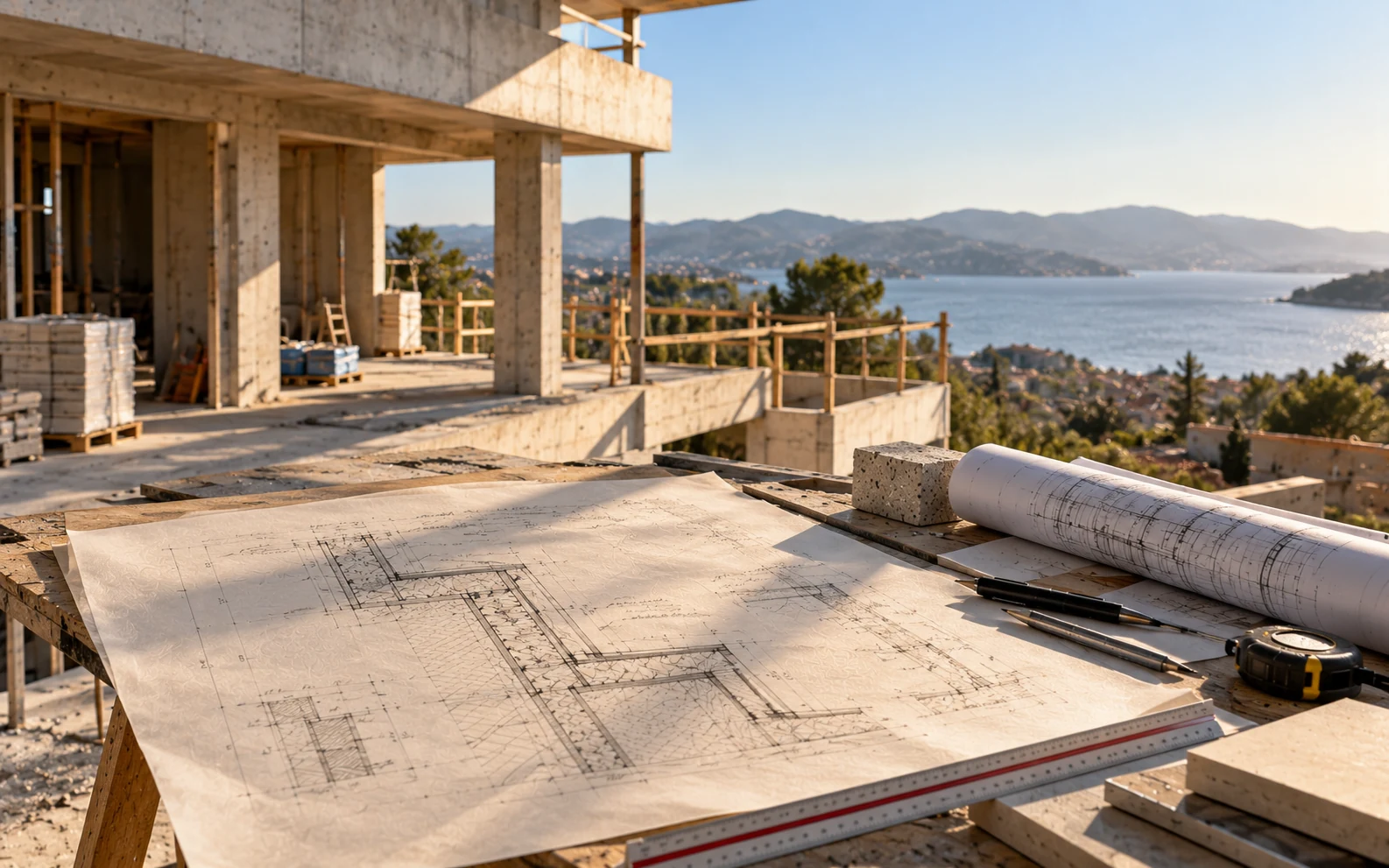 A house under construction, with project drawings in the foreground