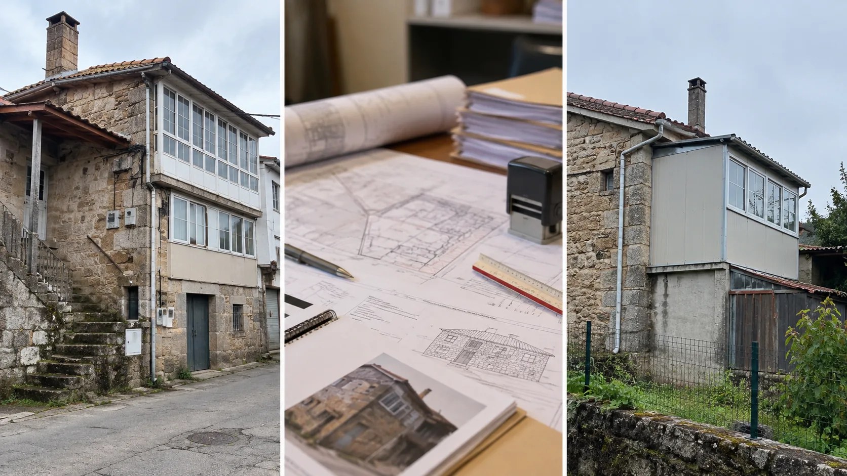 Facade of a traditional Galician house with a glazed extension added on, alongside drawings and technical documentation from a legalisation file