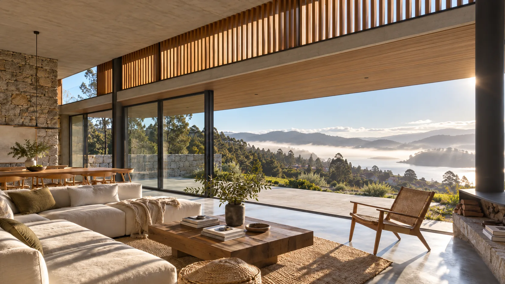 Living room with large windows beneath a deep overhang and a timber screen, opening onto an estuary with low sun and mist over the water