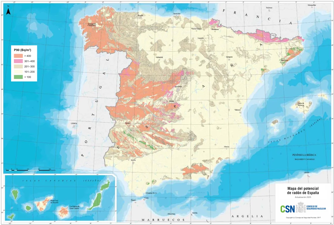 Map of radon potential in Spain, with Galicia highlighted in high-risk zones