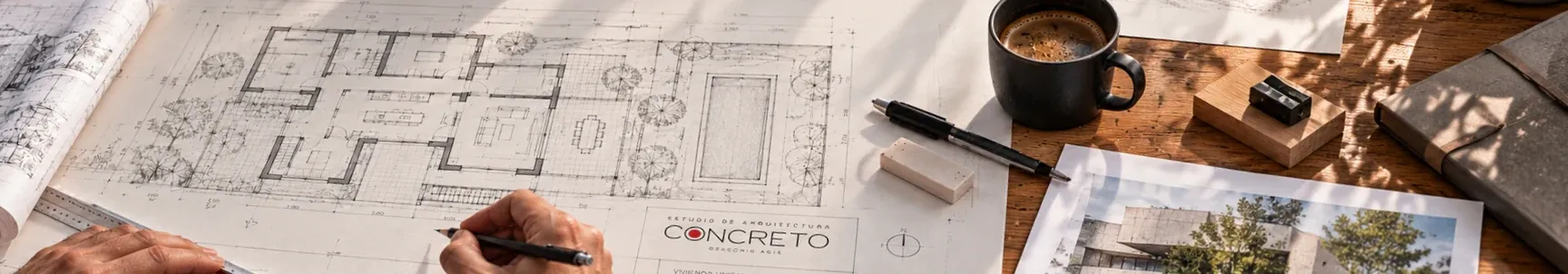 Mesa de traballo do estudio, con planos, debuxos e fotografías de proxecto — CONCRETO Estudio de Arquitectura